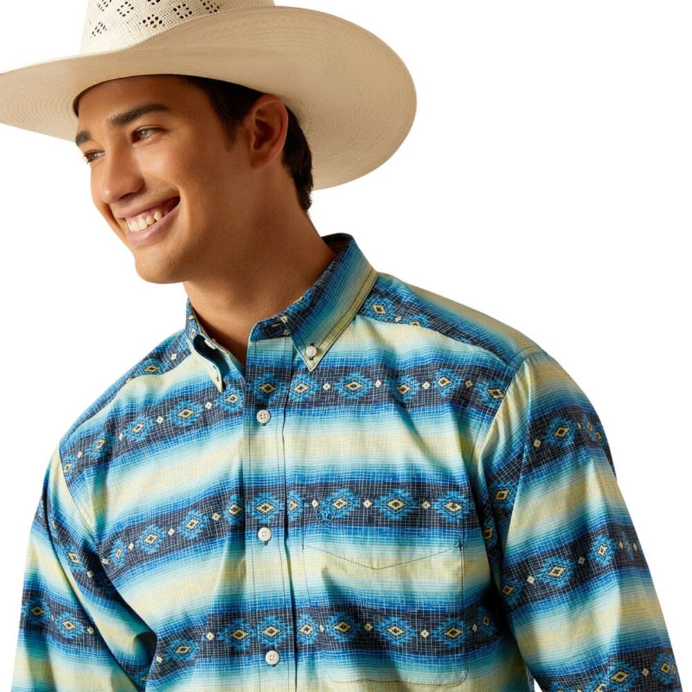 Ariat Men's Penn Classic Fit Shirt Long Sleeve Western‎ Blue Aztec Stripe Large